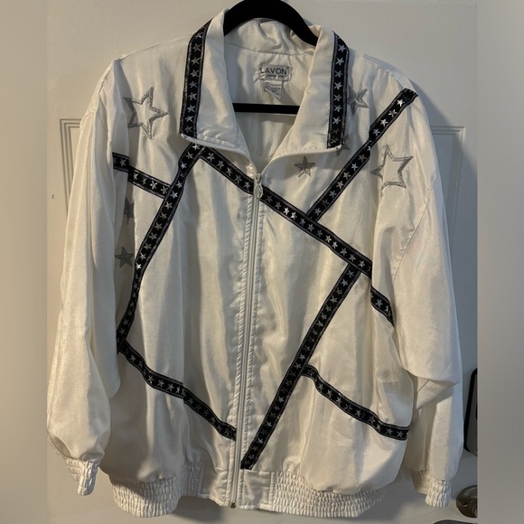Lavon Jackets & Blazers - Lavon 80’s Windbreaker Cheer Jacket Silver Black Shiny Embroidered Star Bomber